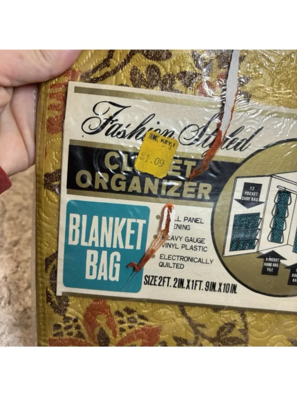 Vintage New Old Stock Closet Organizer Blanket Bag Gold Floral Mid Century Vinyl